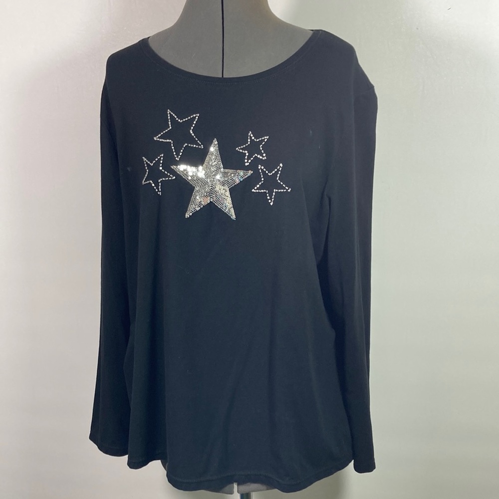 Liz Claiborne Long Sleeve Crew Neck Silver Star Sequin Detail Top Size 1X
